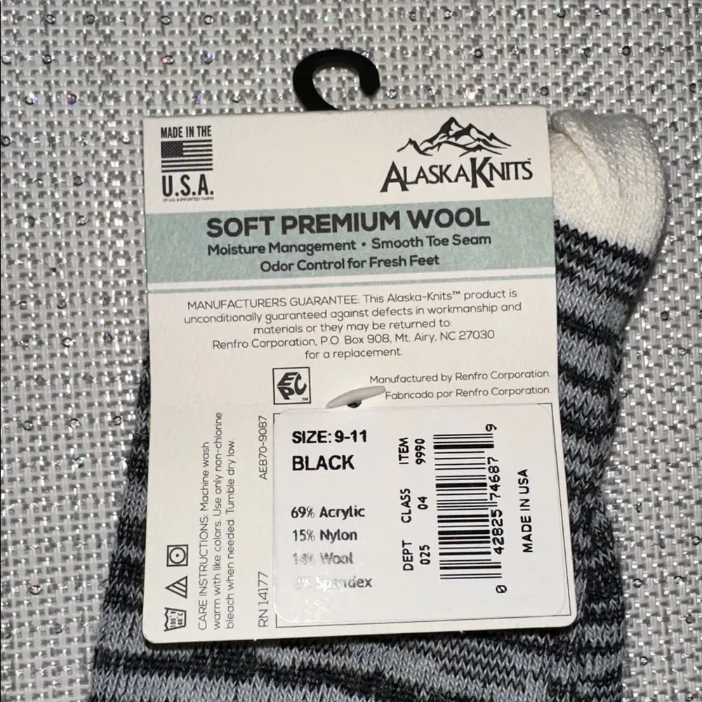Alaska Knits Black Gray Ivory Heather Traditional Wool Blend Knee High Socks